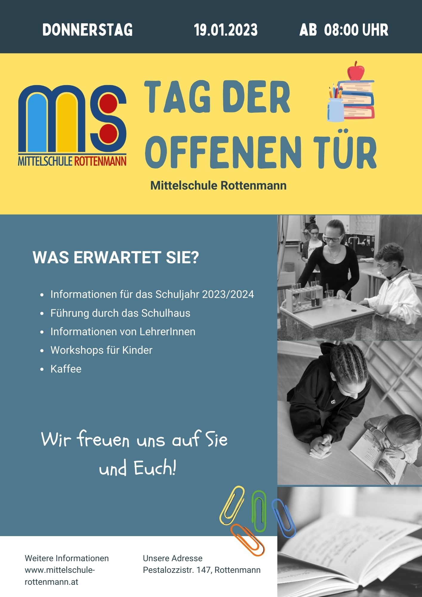 Tag der offenen Tür Plakat A4 mit Fotos und grafische Elementen in gelb und blau Farben